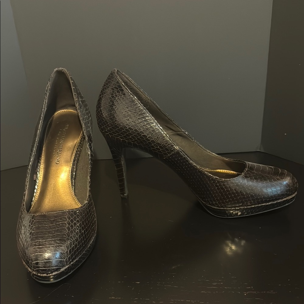 Brown Platform Snakeskin Pumps